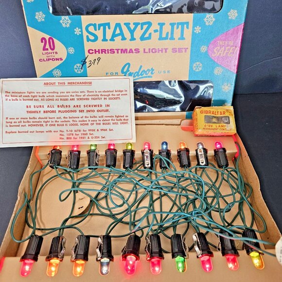 Stayz-Lit Vintage Christmas String Light Set WORKS with Box And Spare Bulbs 996K - Picture 1 of 15